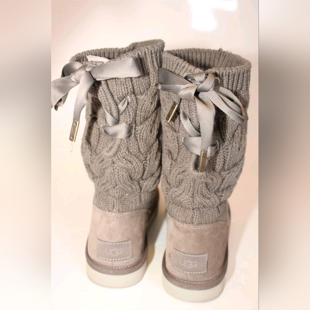 UGG Kiandra Willow Ribbon Bow Gray Knit Sweater Fabric Suede Shearling Boots 10 - Picture 2 of 16